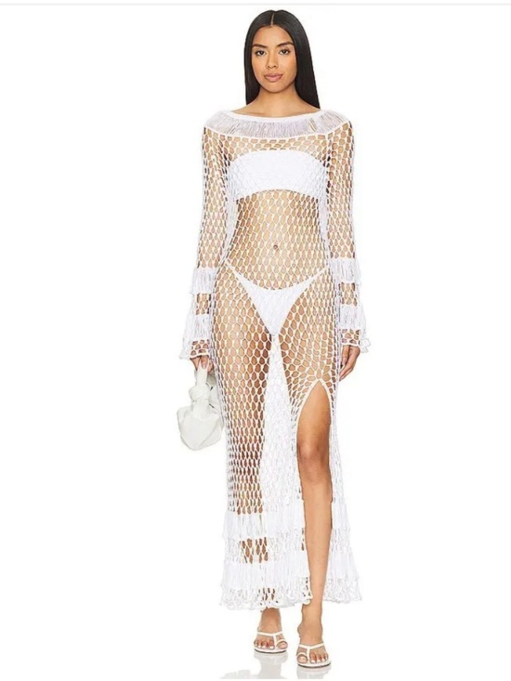 My Beachy Side Dress Crochet Maxi Cover Up in Ivory White